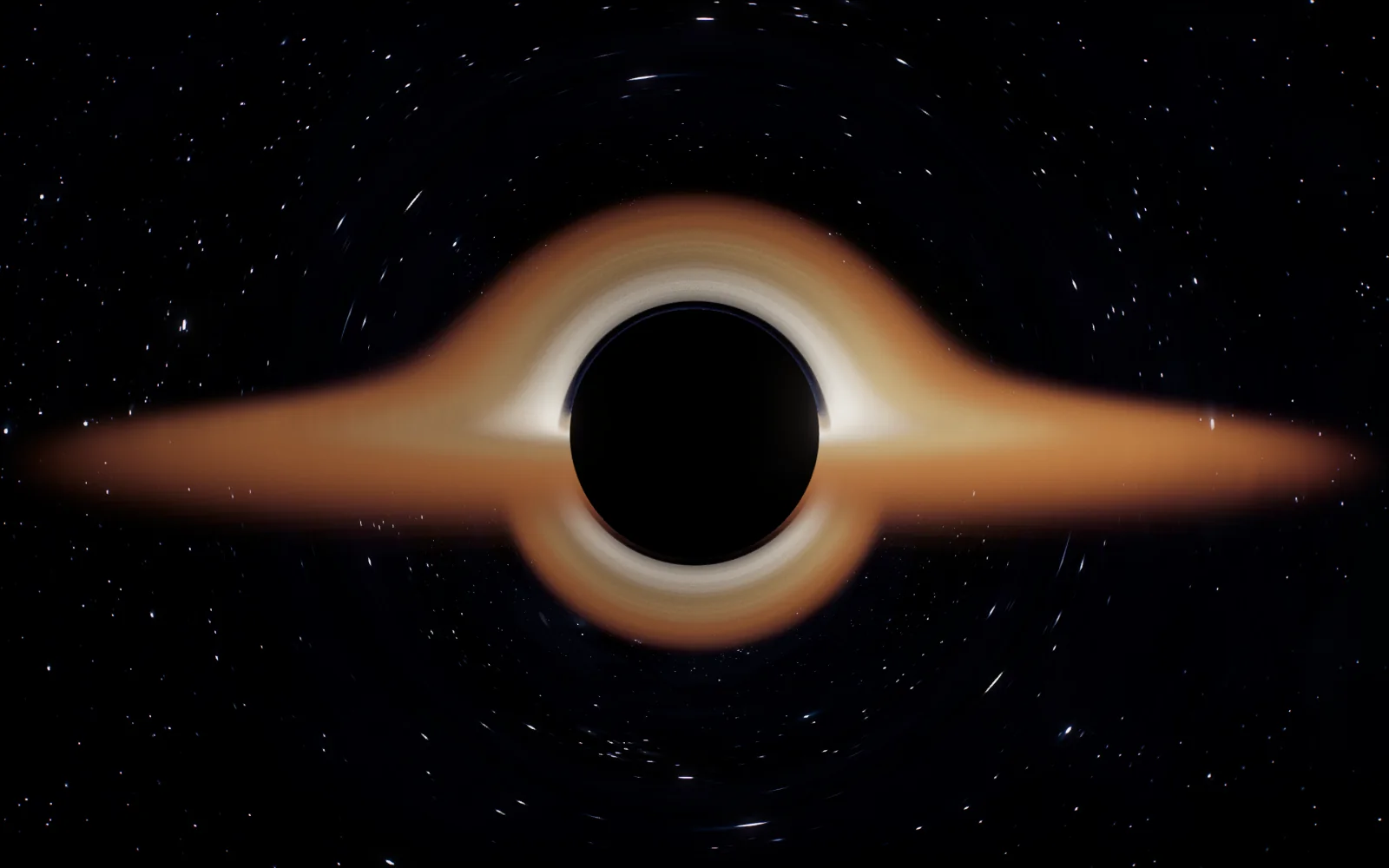 The black hole close in, the disc running off both sides of the frame
