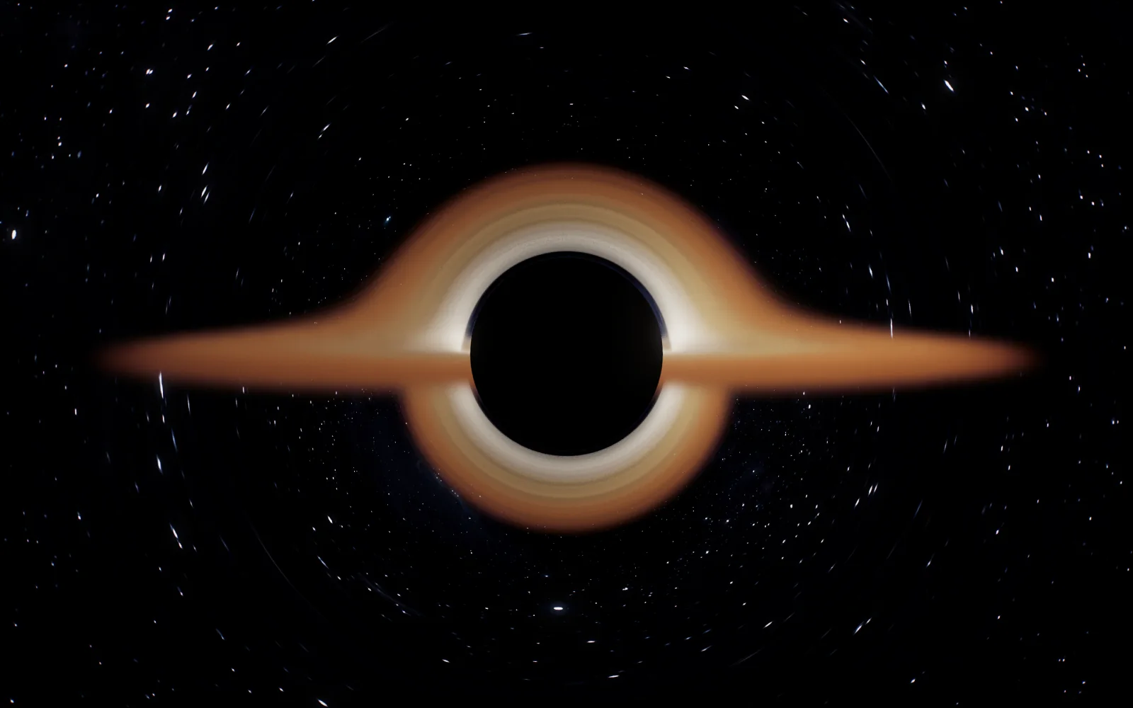 The black hole seen almost edge-on, its glowing disc bent into an arch over the shadow and under it