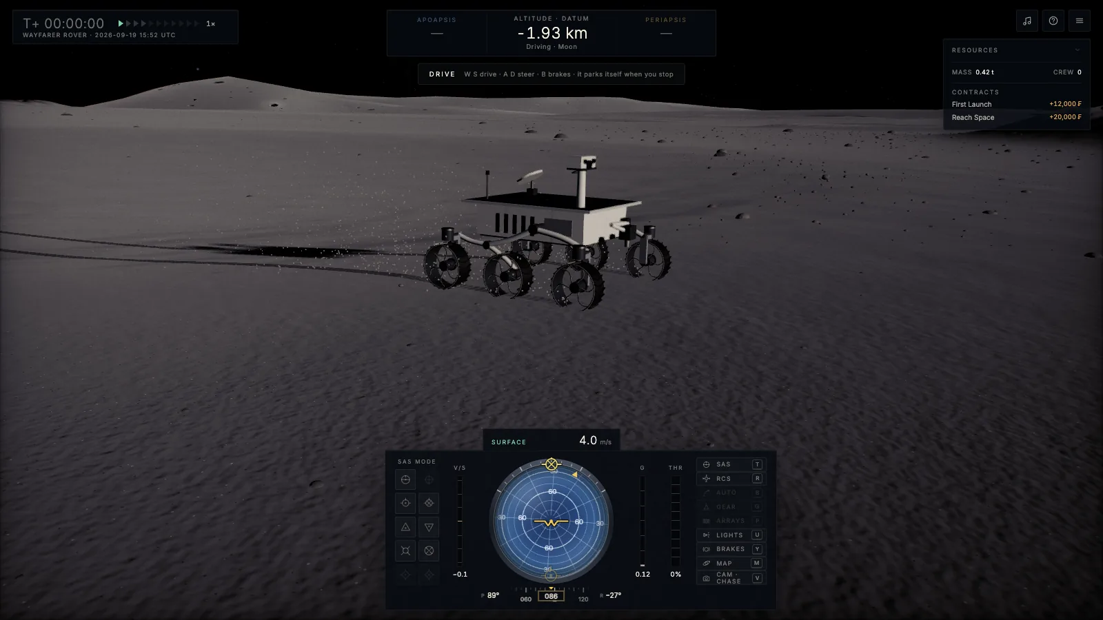 The rover driving across the lunar surface throwing dust from its wheels, tracks behind it