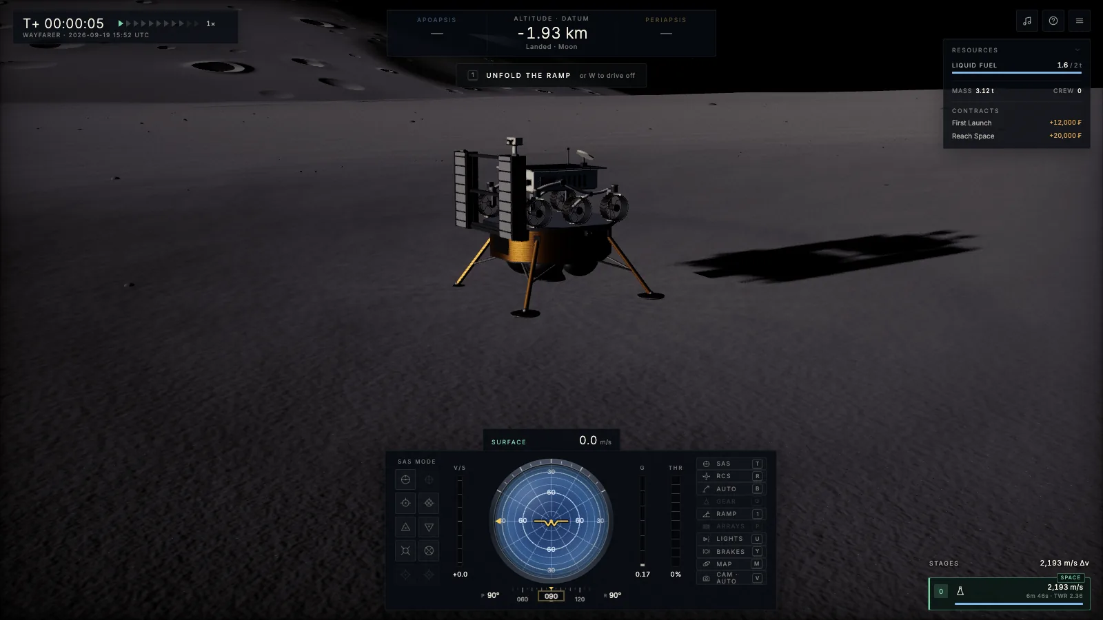 The Wayfarer lander standing on grey lunar ground with the Prospector rover on its deck