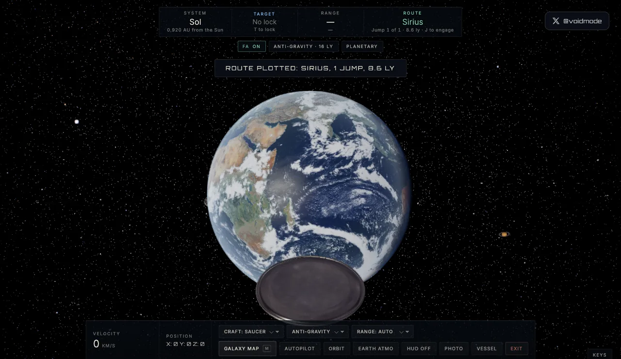 The fly mode HUD above Earth showing a plotted route to Sirius