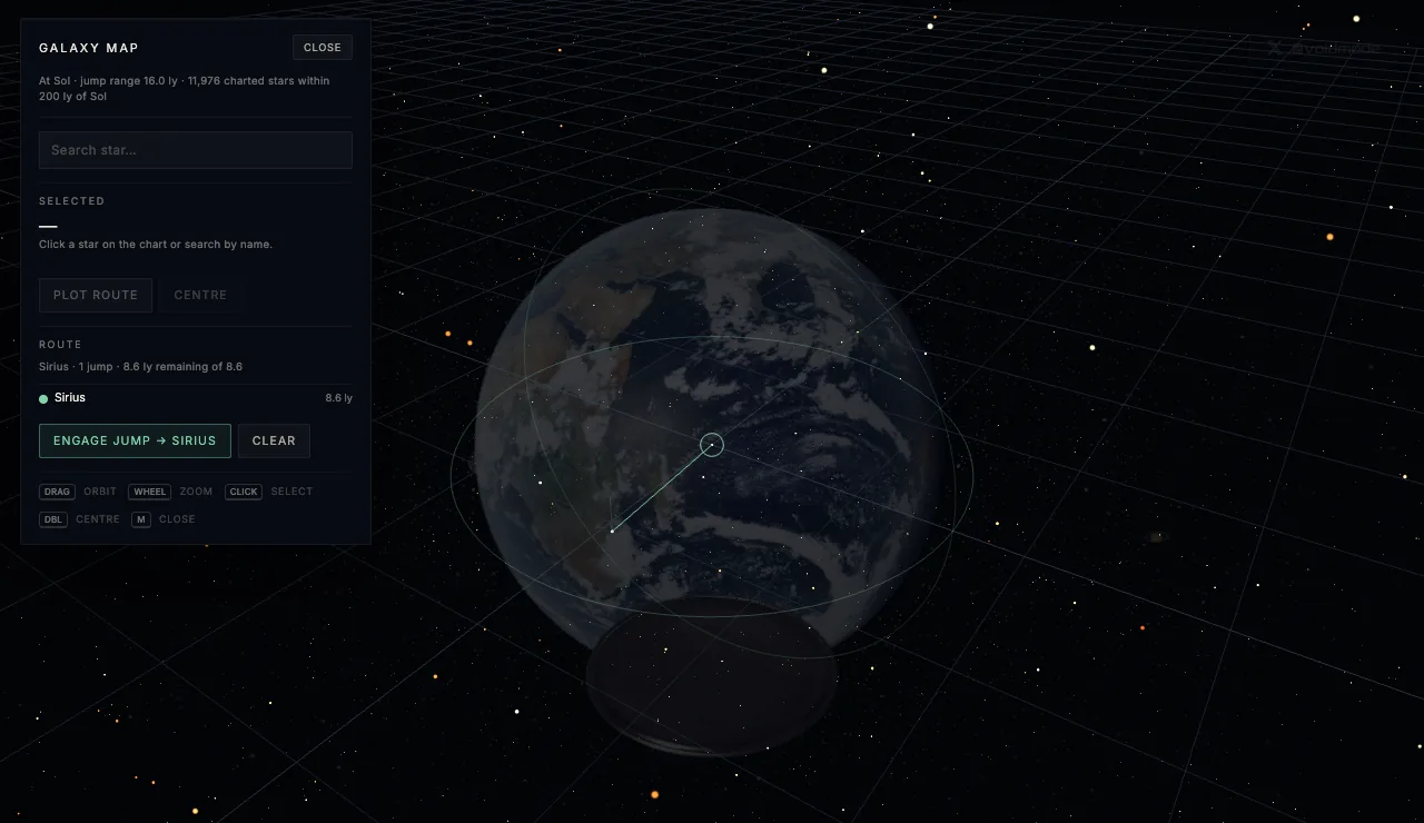The galaxy map with a route plotted from the Sun to Sirius and the route panel on the left