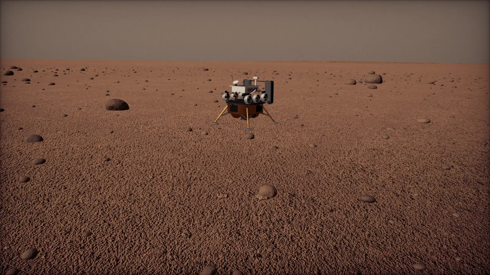 The Wayfarer lander standing on rust-colored ground scattered with rocks under a tan sky