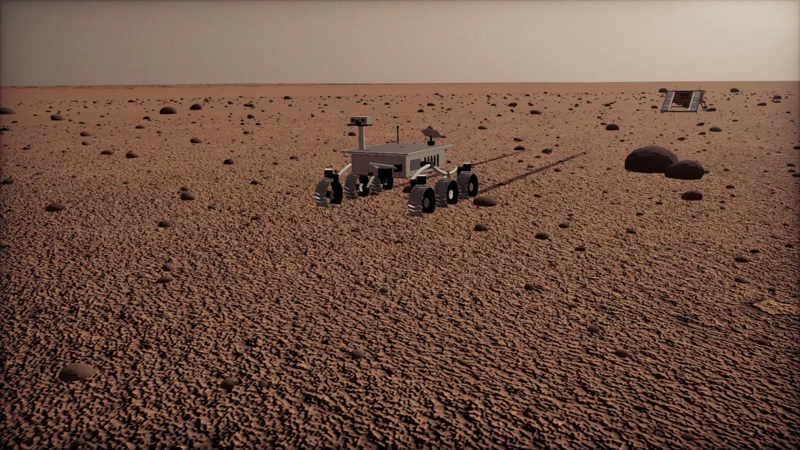 The six-wheeled Prospector rover driving across a rocky Martian plain with its tracks behind it
