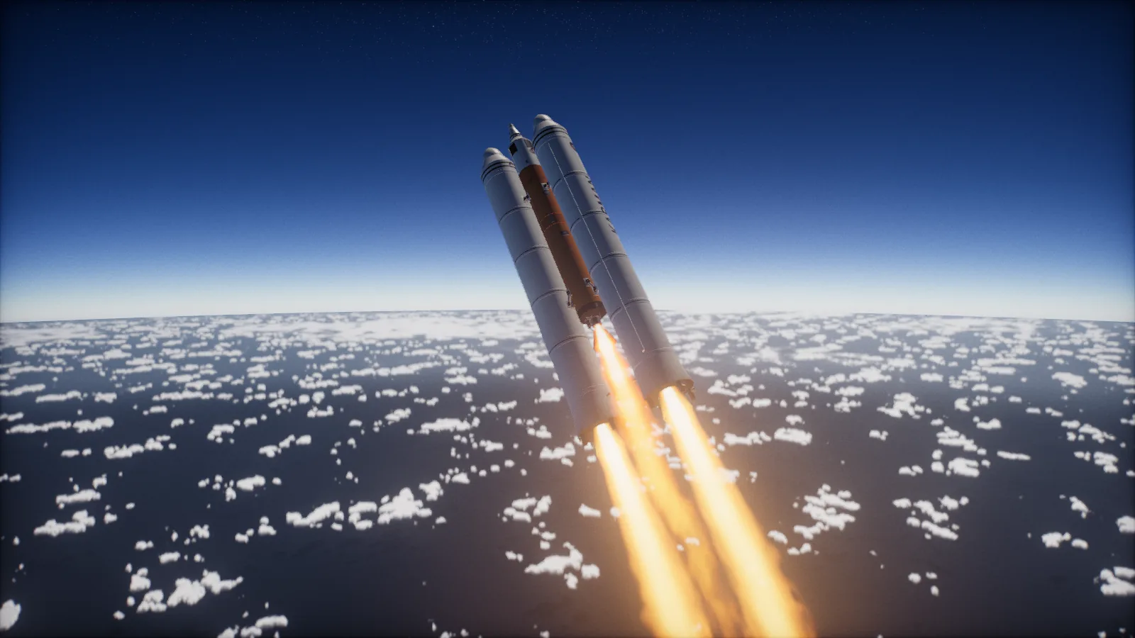 A rocket with side boosters climbing above scattered clouds with the horizon curving below