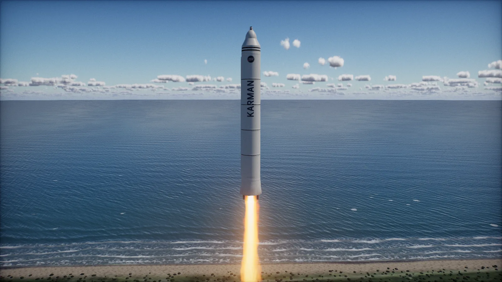 A rocket lifting off from a pad by the sea with a bright exhaust plume