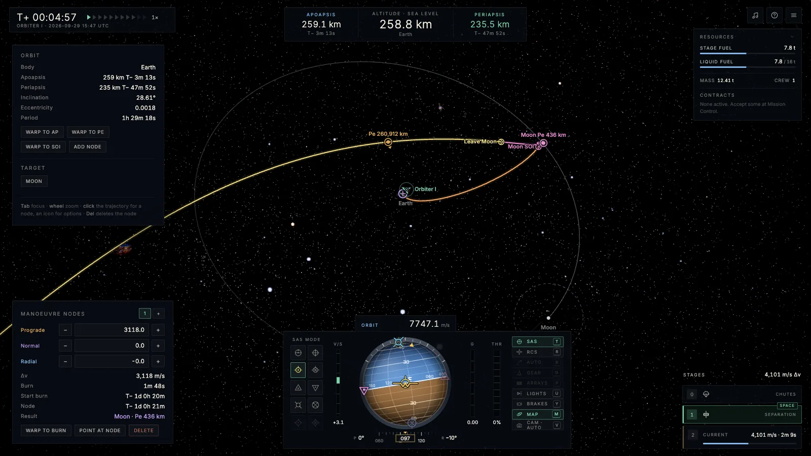 The orbital map showing a planned transfer from Earth orbit to the Moon