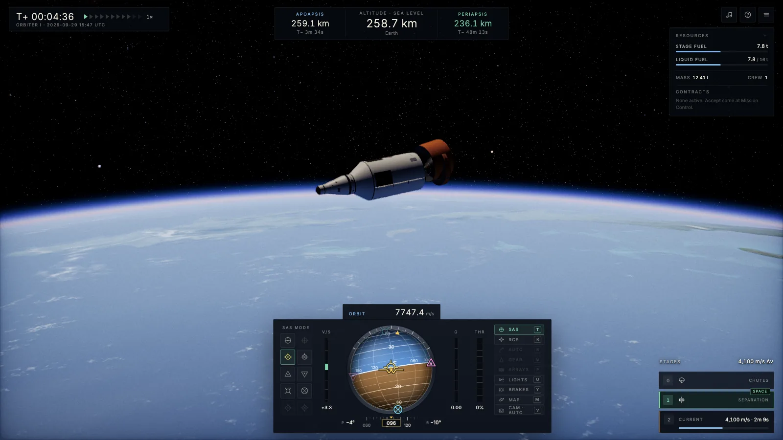 A capsule and service stage in orbit above Earth with the navball and orbit readout on screen