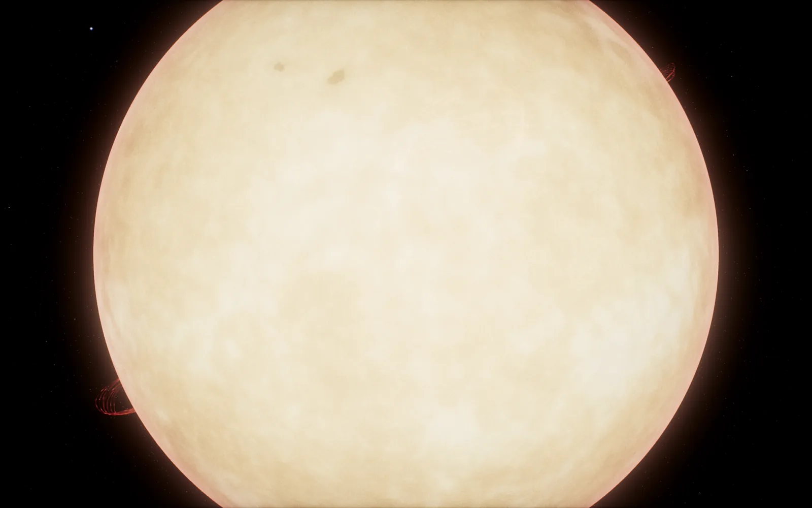 The Sun's disc filling the frame, with a small pair of dark spots in its upper half and prominences on the limb