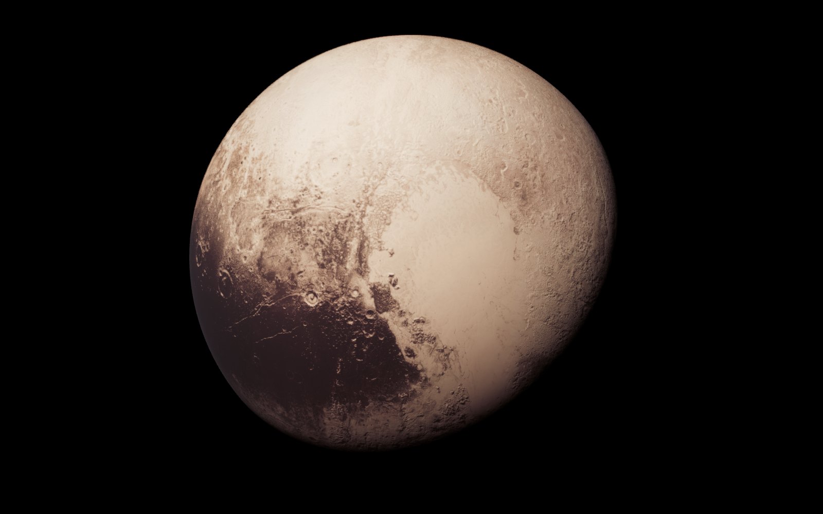 Pluto in true colour recreated live by the Our Solar System 3D viewer from where New Horizons was