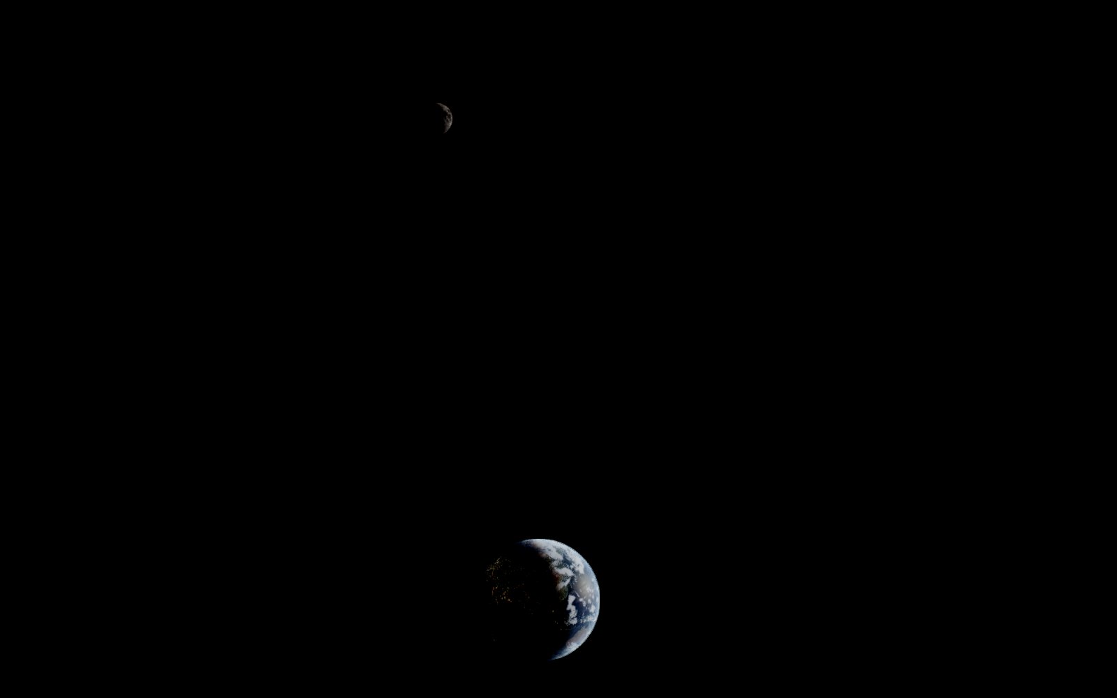 The Earth and Moon, together recreated live by the Our Solar System 3D viewer from where Voyager 1 was