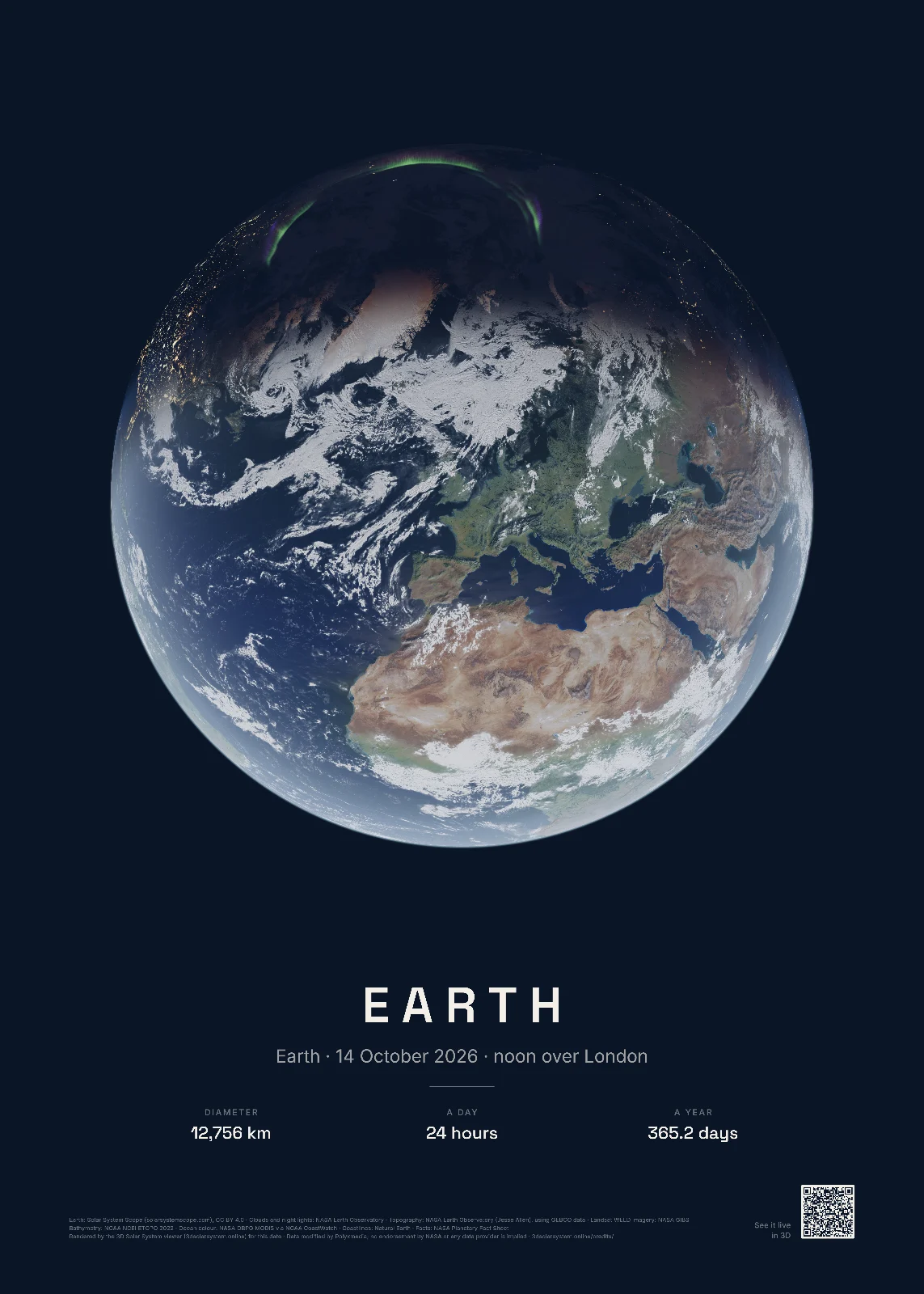 Earth poster: the whole Earth at noon over London on 14 October 2026