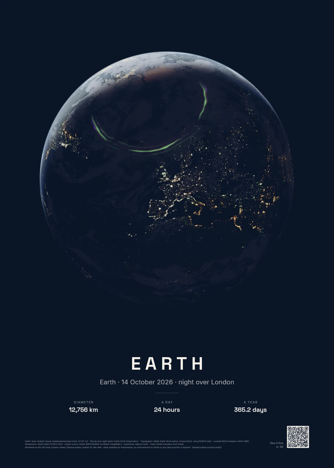 Earth poster at night: the Earth over London on the evening of 14 October 2026, city lights on the night side and the day a crescent on the edge