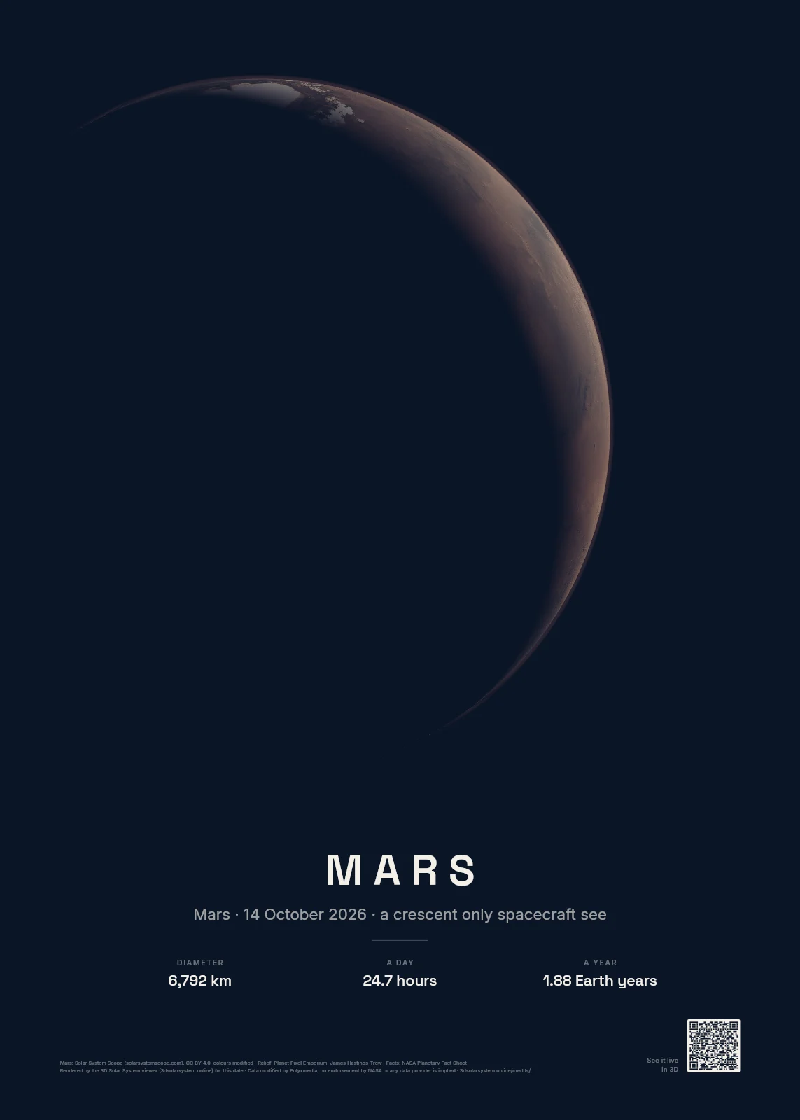 Mars poster: Mars as a crescent only spacecraft see, lit as it was on 14 October 2026