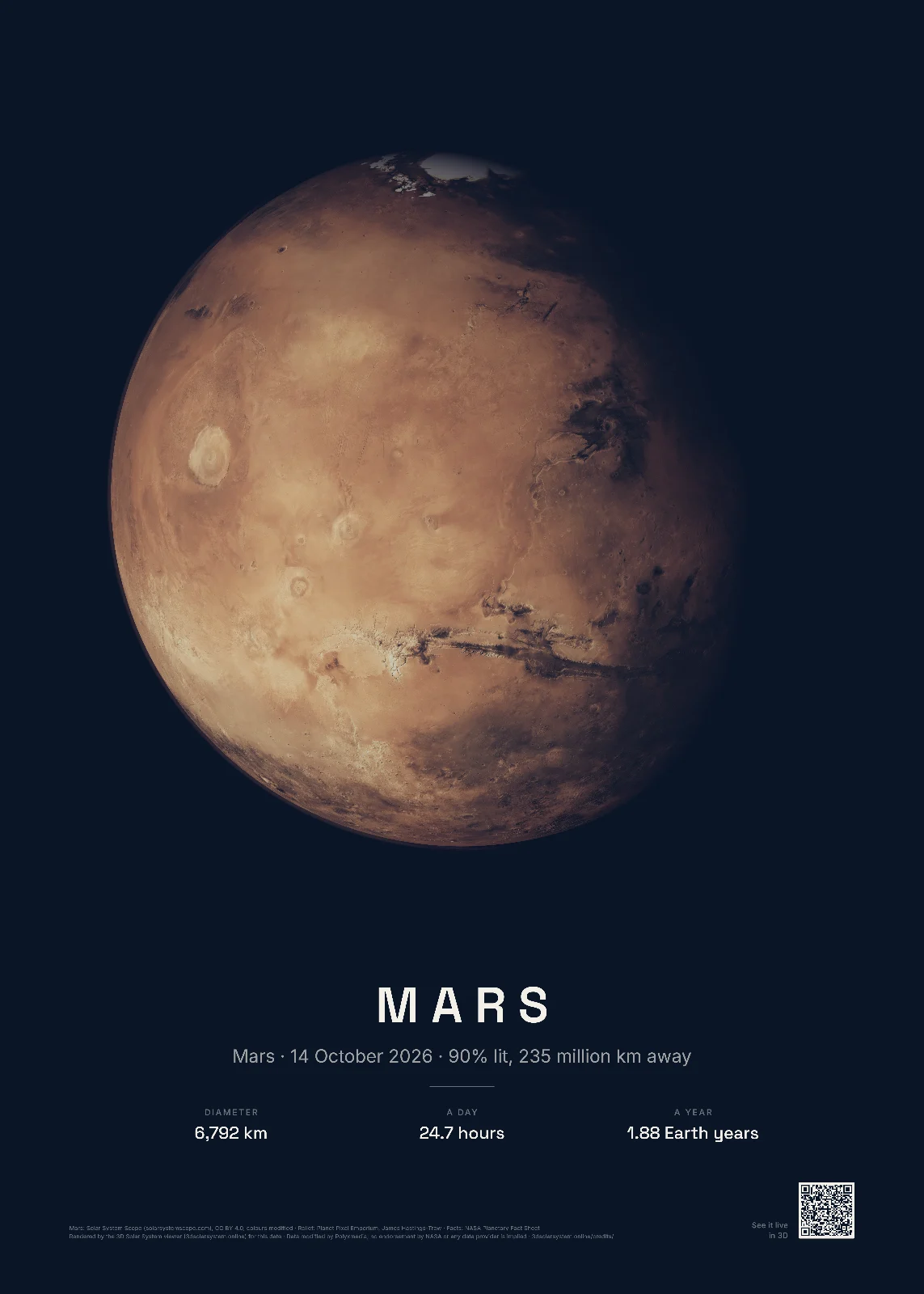 Mars poster: Mars from the Earth on 14 October 2026, at the phase it showed us