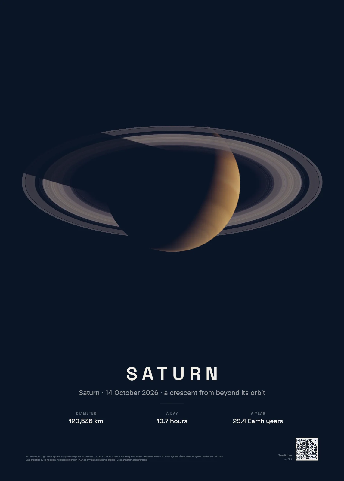Saturn poster: Saturn as a crescent from beyond its orbit, lit as it was on 14 October 2026