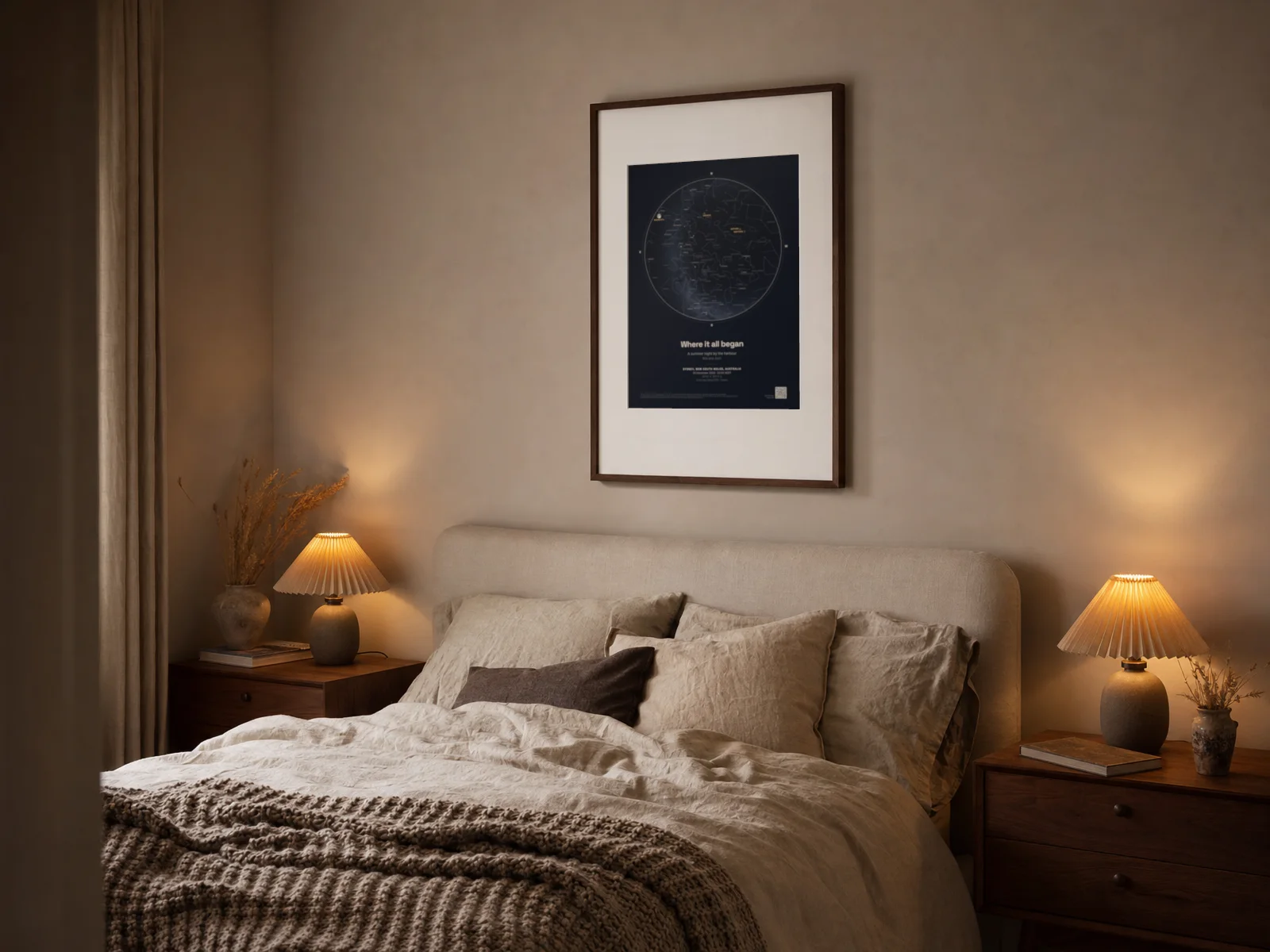 A framed star map print above a bed