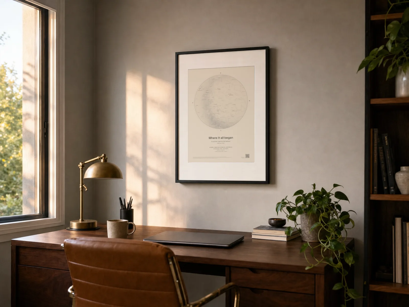 A framed star map print above a desk in a study