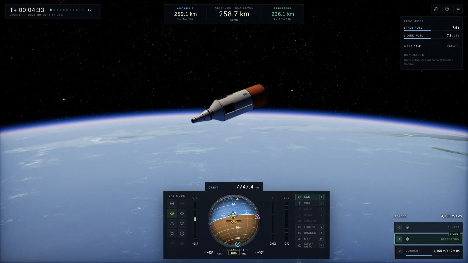 A spacecraft in orbit with the flight instruments