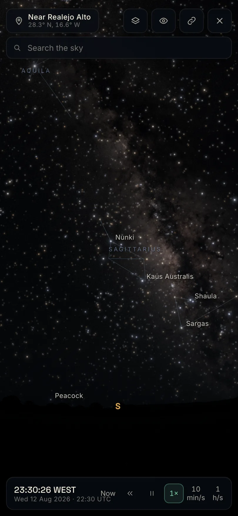 Astronomy mode on a phone: the same sky live in 3D, opened from the code on the print