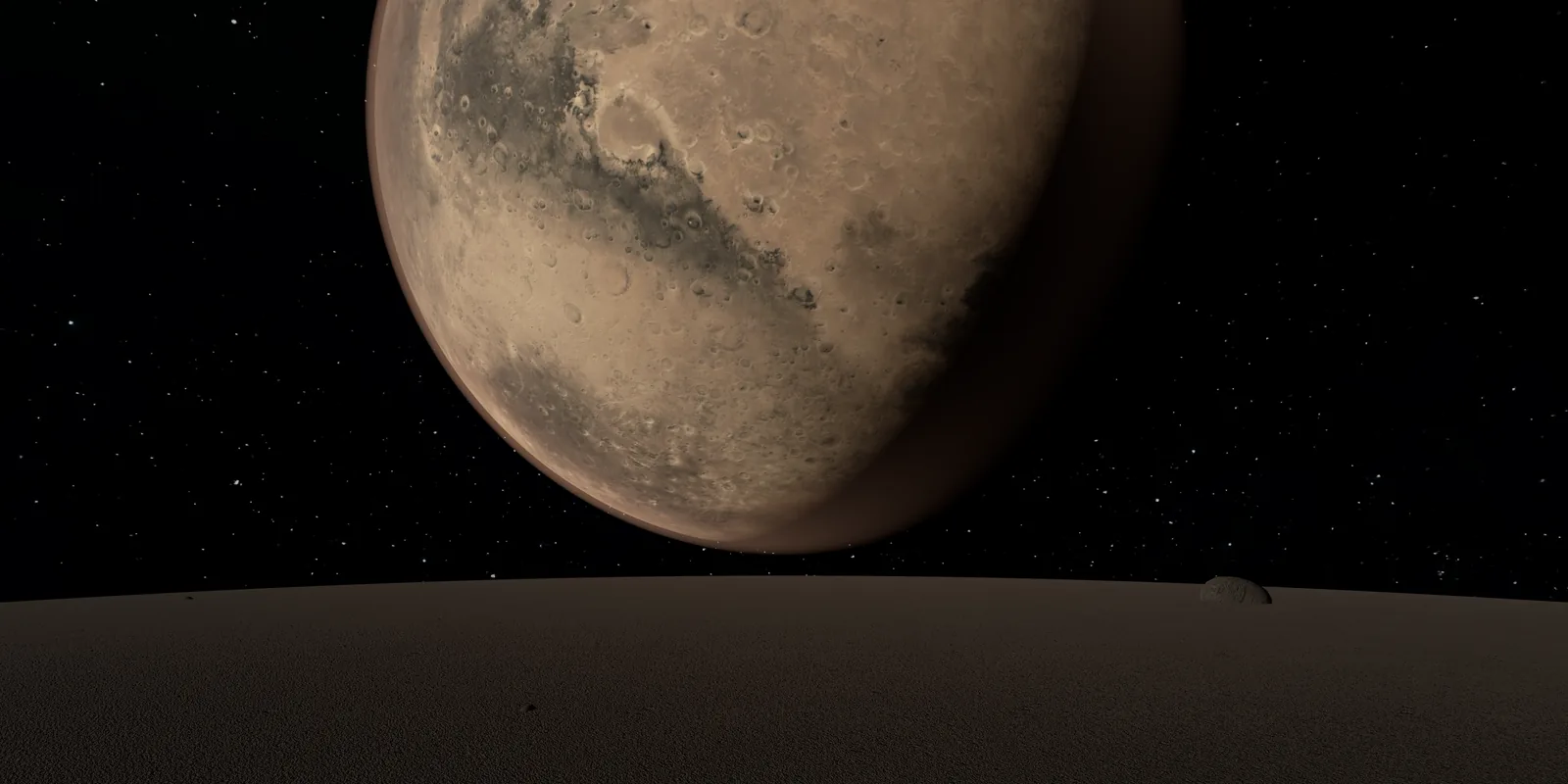 Mars filling the sky above Phobos, an environment in the Vision Pro app