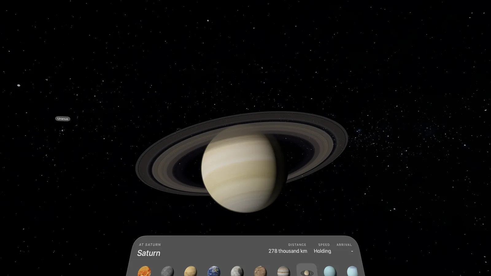 Arriving at Saturn in the Vision Pro app, with the suit panel below