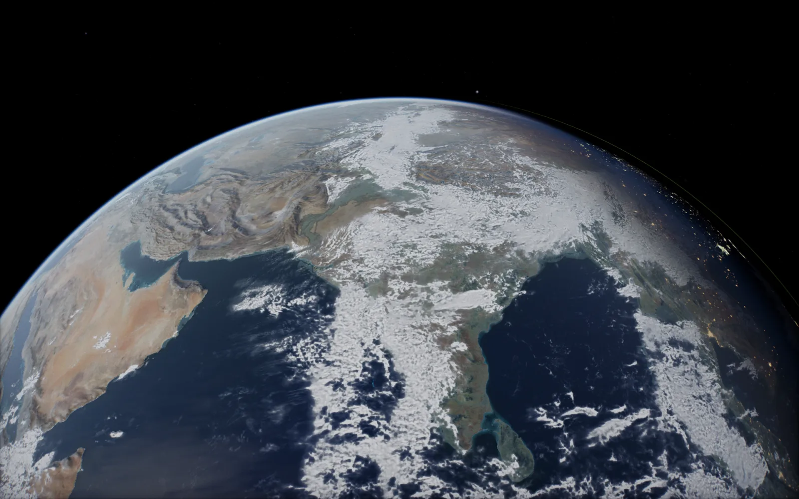 The top of the Earth rising from below, its day side lit under a black sky